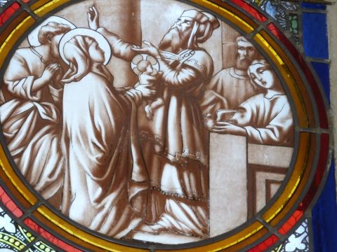 Détail d'un vitrail -Présentation de Jésus au temple